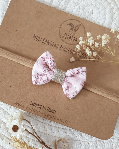Nœud Double gaze et ruban paillettes "Fleurette" Feuillage Rose
