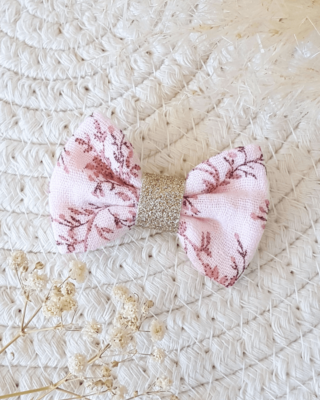 Nœud Double gaze et ruban paillettes "Fleurette" Feuillage Rose