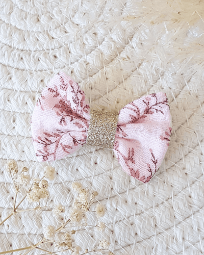 Nœud Double gaze et ruban paillettes "Fleurette" Feuillage Rose