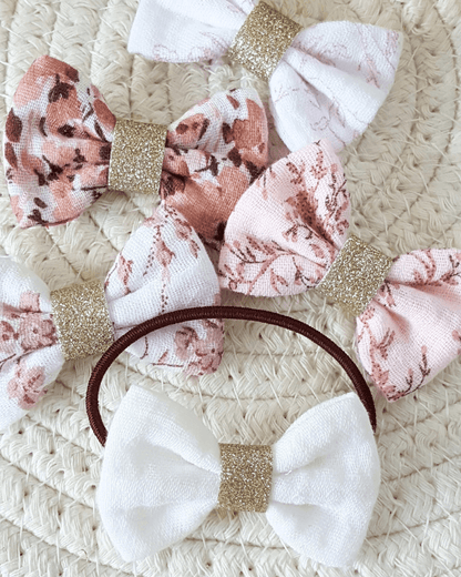 Nœud Double gaze et ruban paillettes "Fleurette" Feuillage Rose