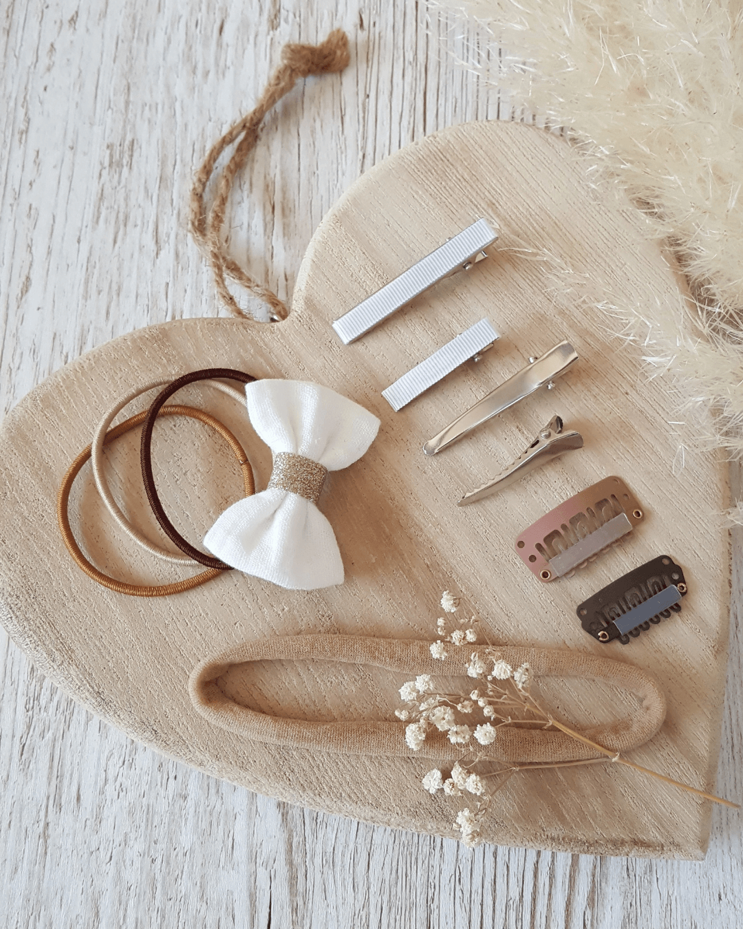 Nœud Double gaze et ruban paillettes "Fleurette" Feuillage Rose